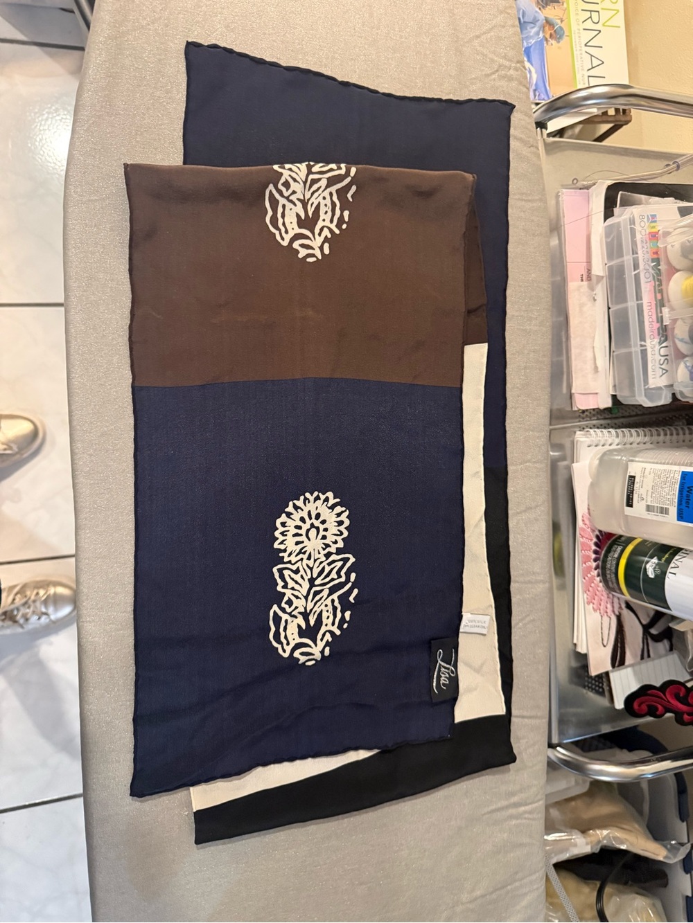 Lisa Silk Beige, Navy and Brown Floral Block Scarf